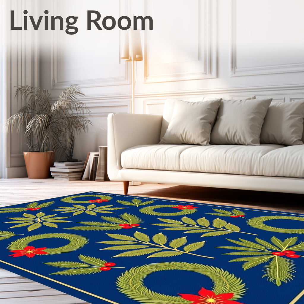 Deep Blue Christmas Wreath Poinsettia Rug