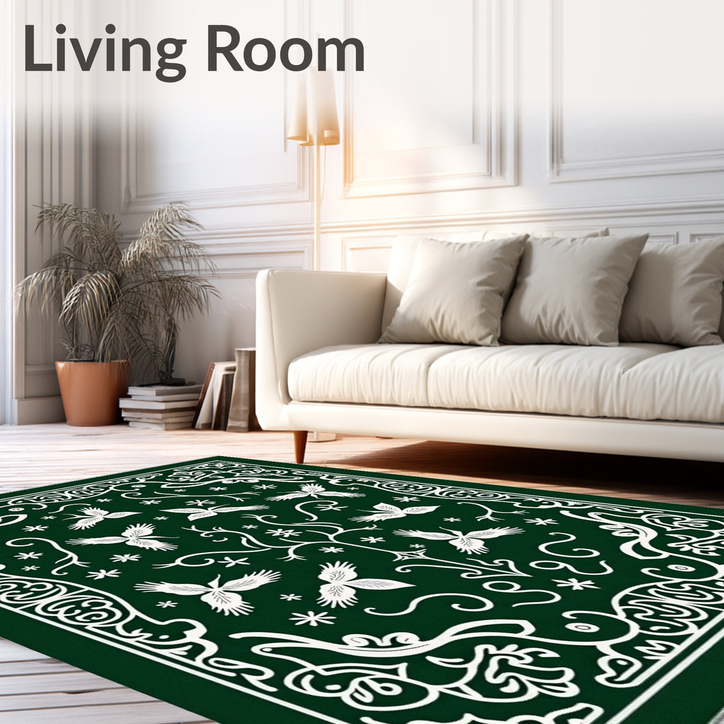 Deep Forest White Floral Bird Art Rug