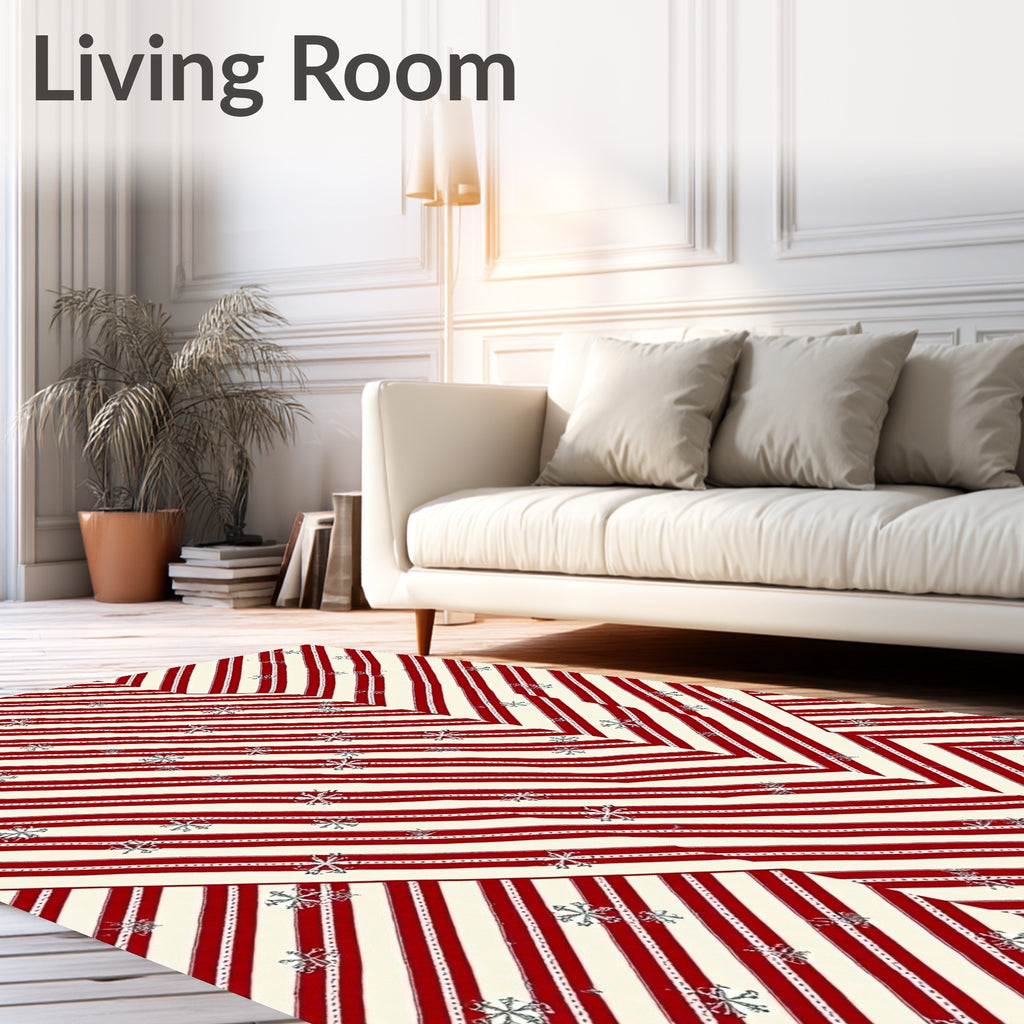 Red Cream Snowflake Chevron Stripes Rug