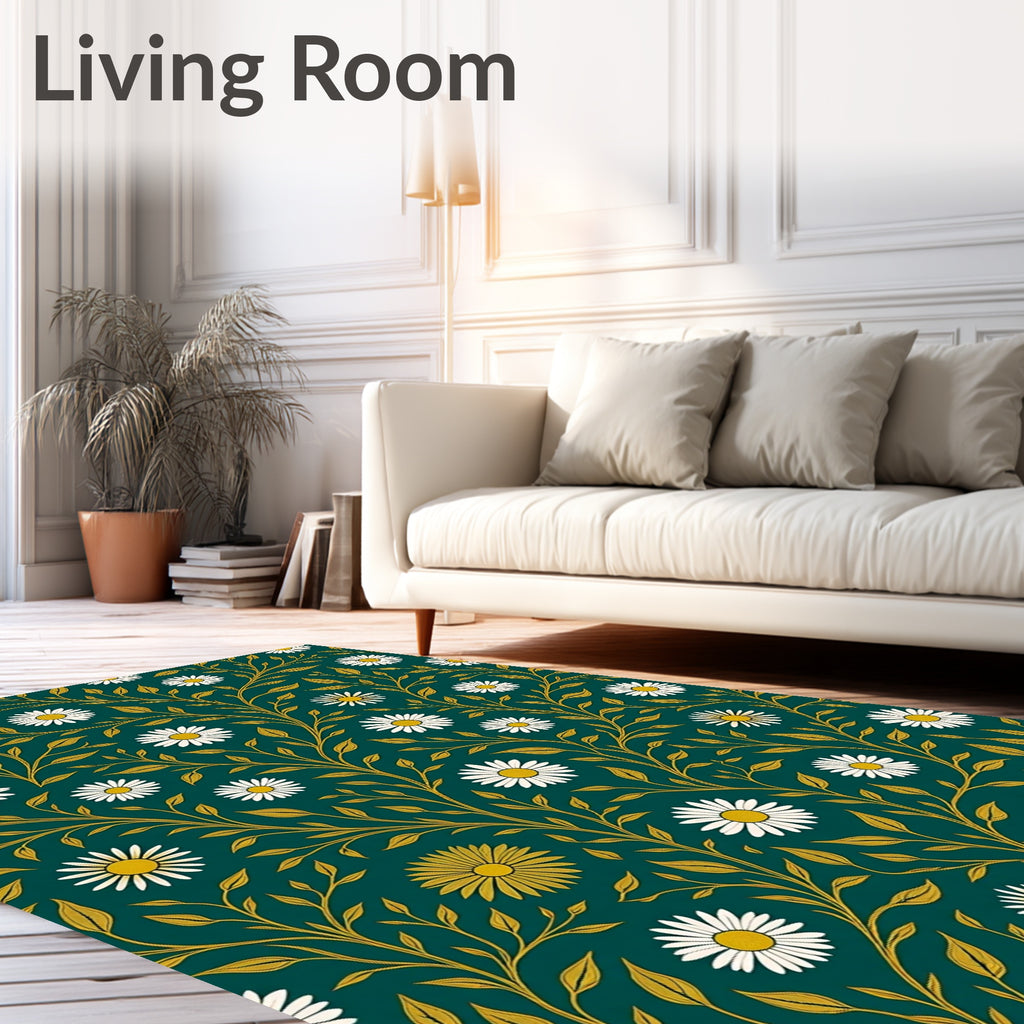 Deep Teal White Daisy Vine Rug