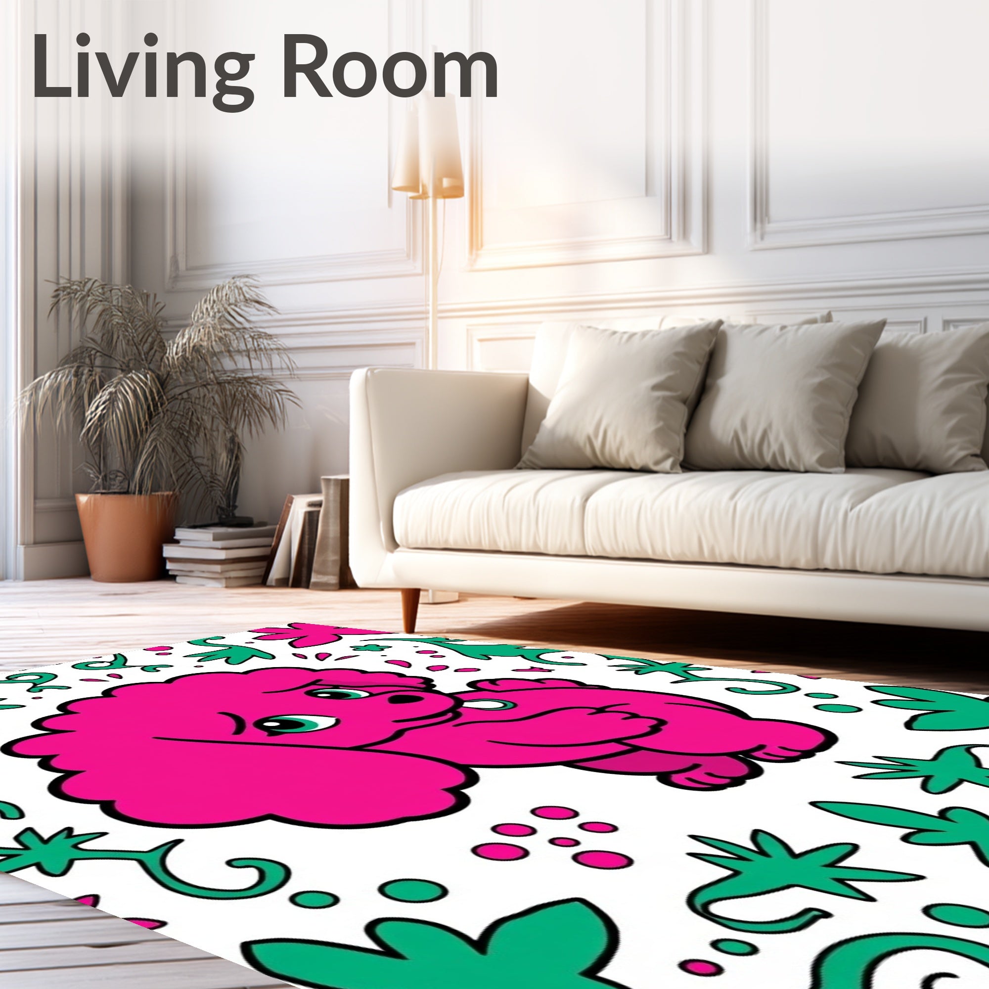 Pink Poodle with Green Floral Border Rug