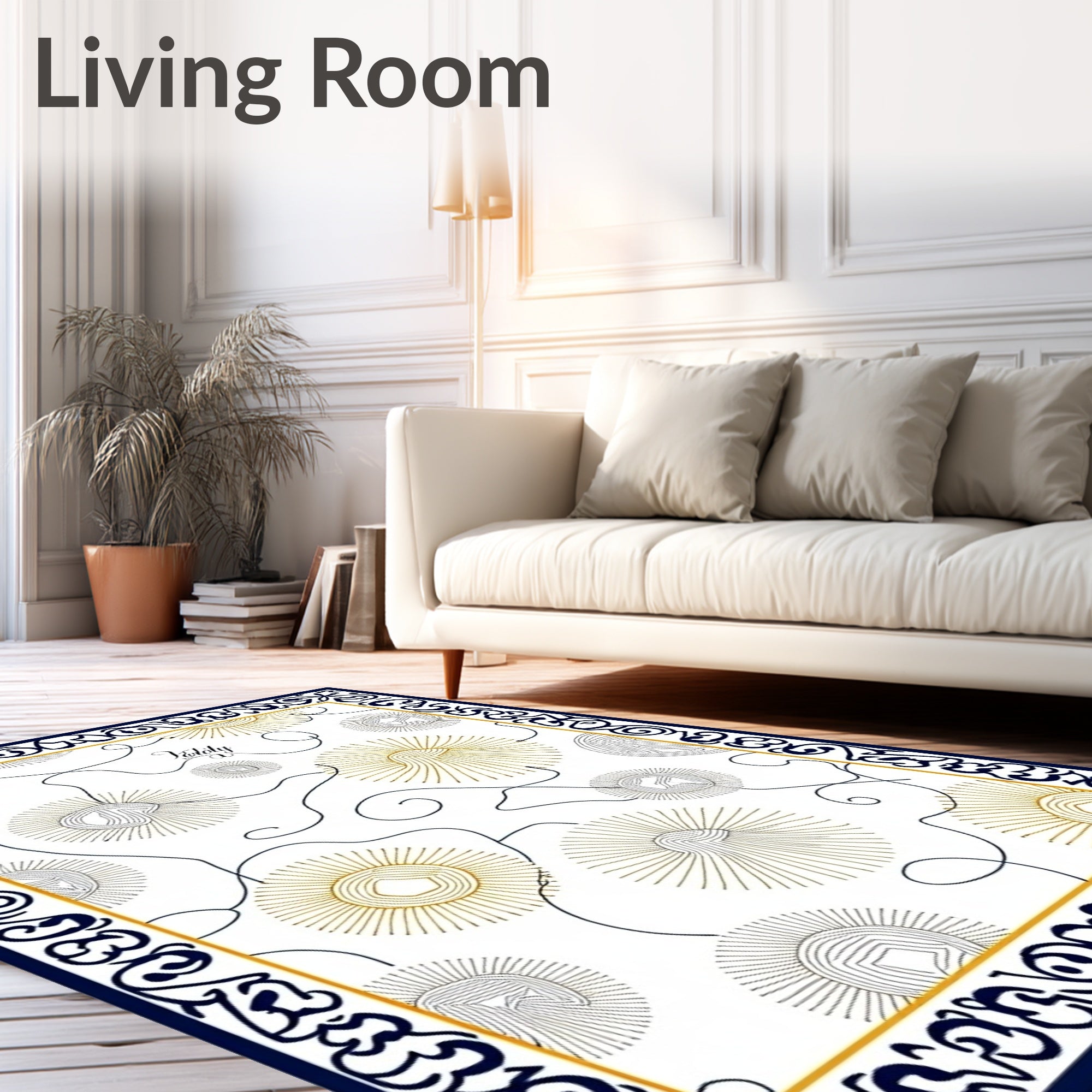 Ornate Blue Gold Sunburst Scatter Rug