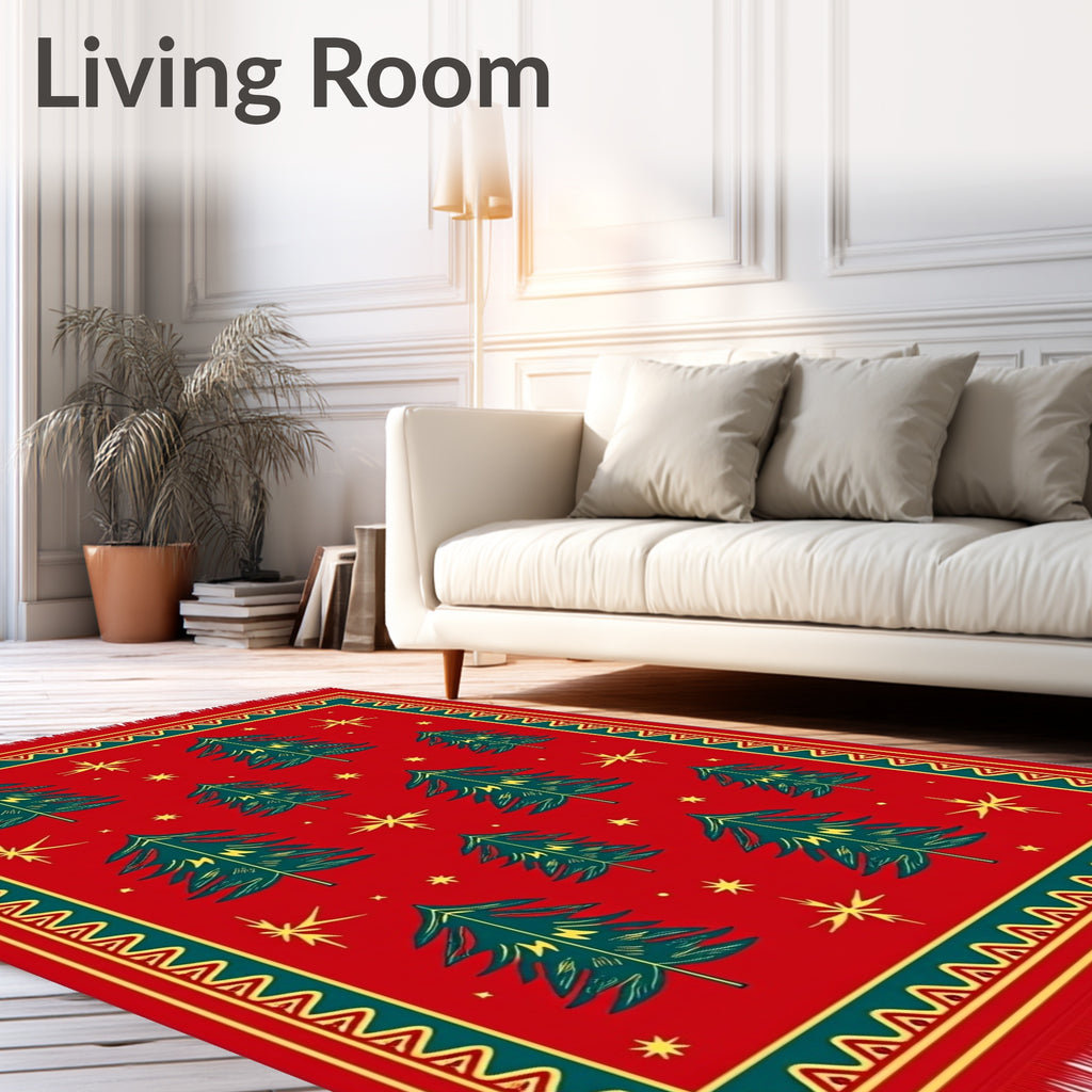 Red Evergreen Trees Starry Night Rug