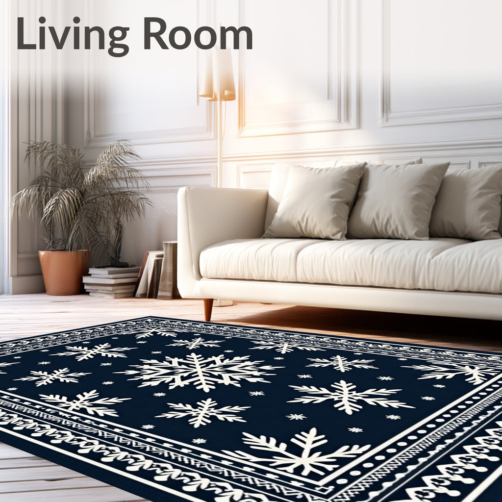 Navy White Snowflake Winter Border Rug
