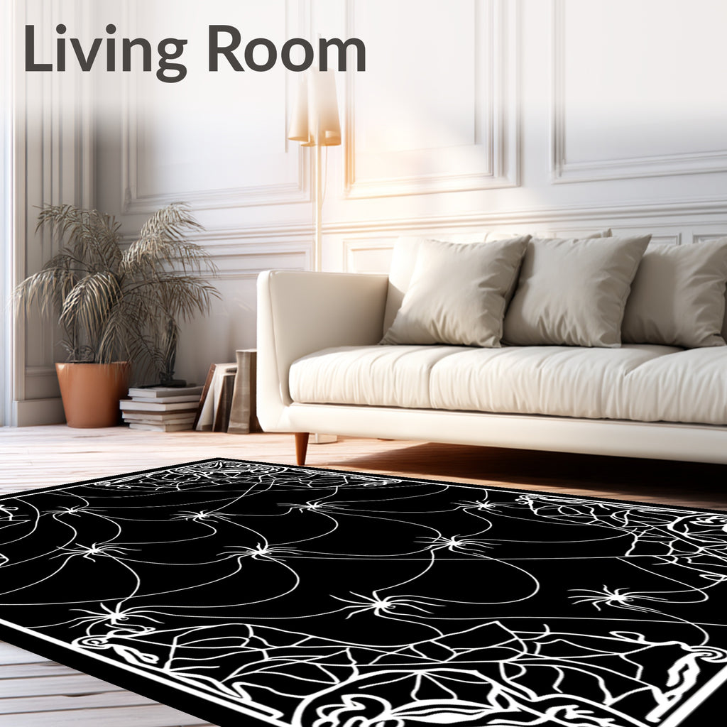 Spooky Black White Spiderweb Swirl Rug