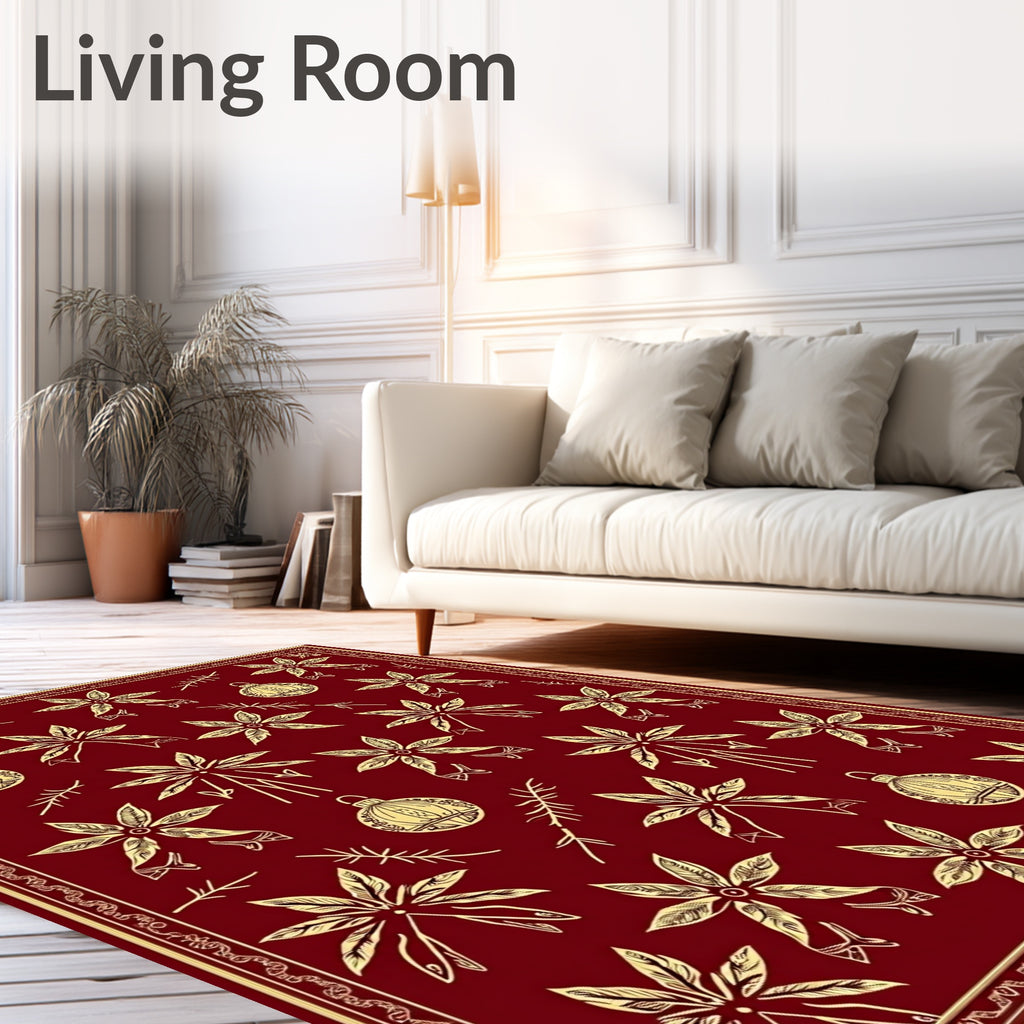 Crimson Poinsettia and Ornament Medallion Rug