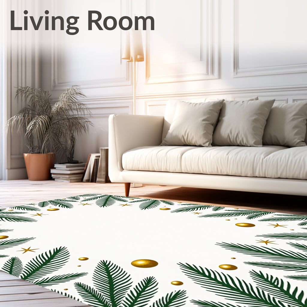 Festive Green Pine Sprigs Gold Orbs Stars Rug
