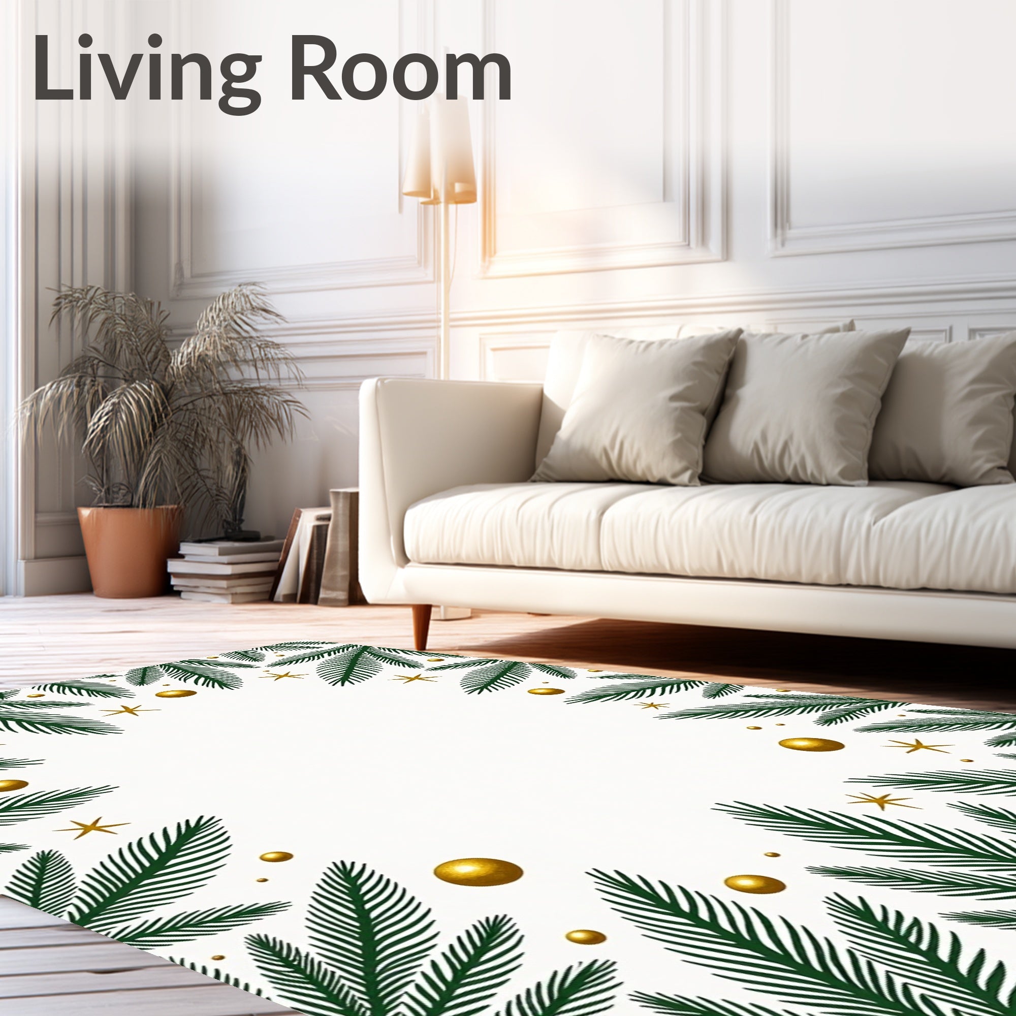 Festive Green Pine Sprigs Gold Orbs Stars Rug
