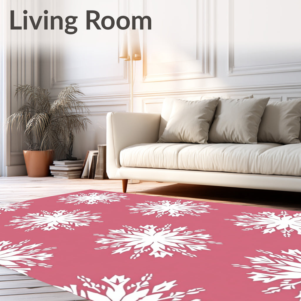 White Snowflake Motif Pink Background Rug