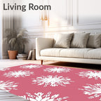 White Snowflake Motif Pink Background Rug