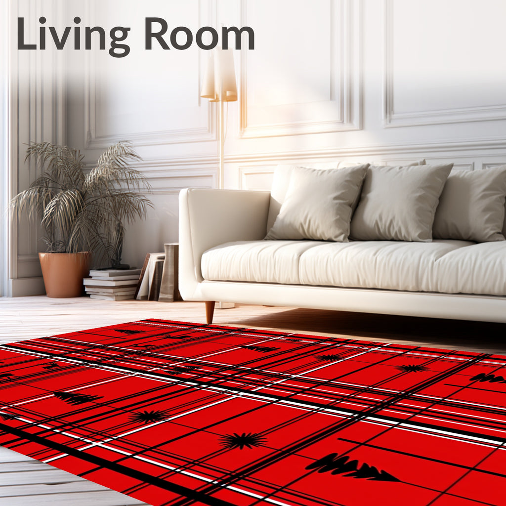 Red Black White Plaid Deer Christmas Trees Rug