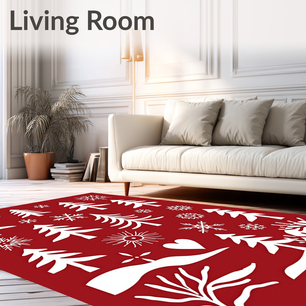 Festive Red White Christmas Tree Snowflakes Rug