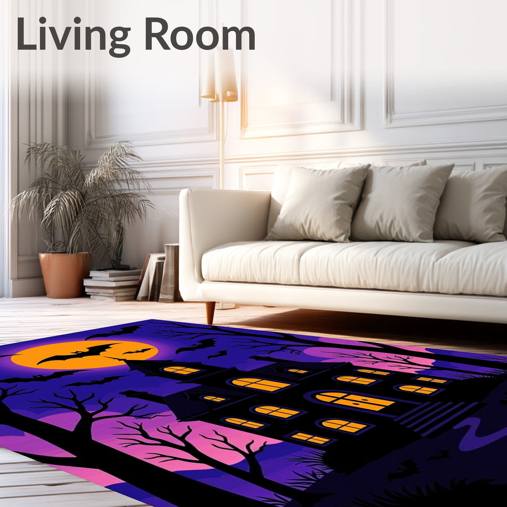 Spooky Haunted House Bat Moon Scene Rug