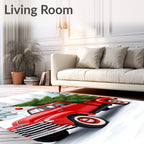 Retro Red Truck Snowy Pine Forest Rug