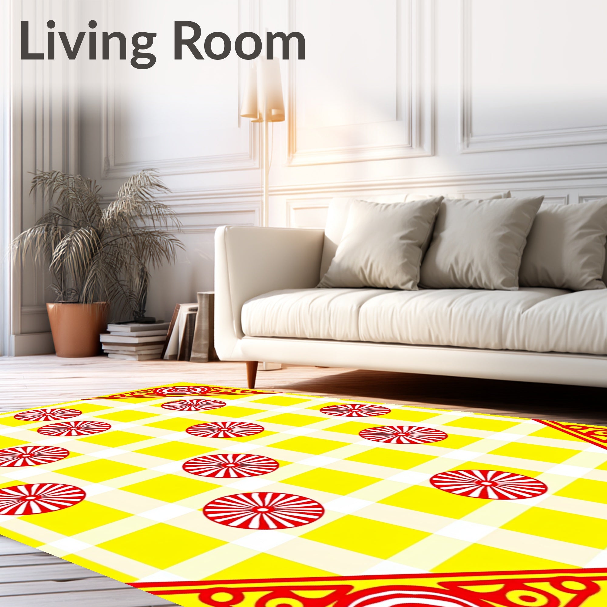 Vibrant Yellow Red Circular Gingham Rug
