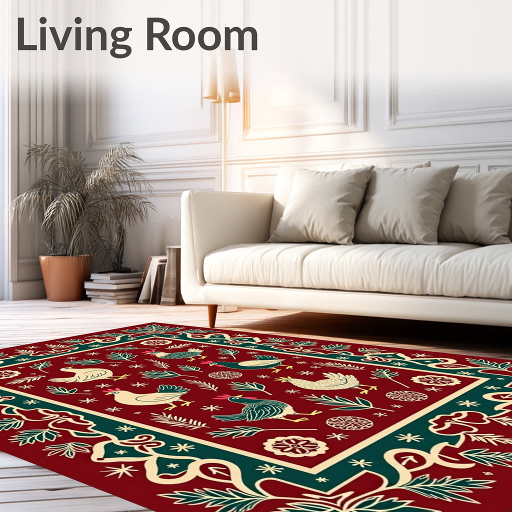 Crimson Folk Art Chickens Border Rug