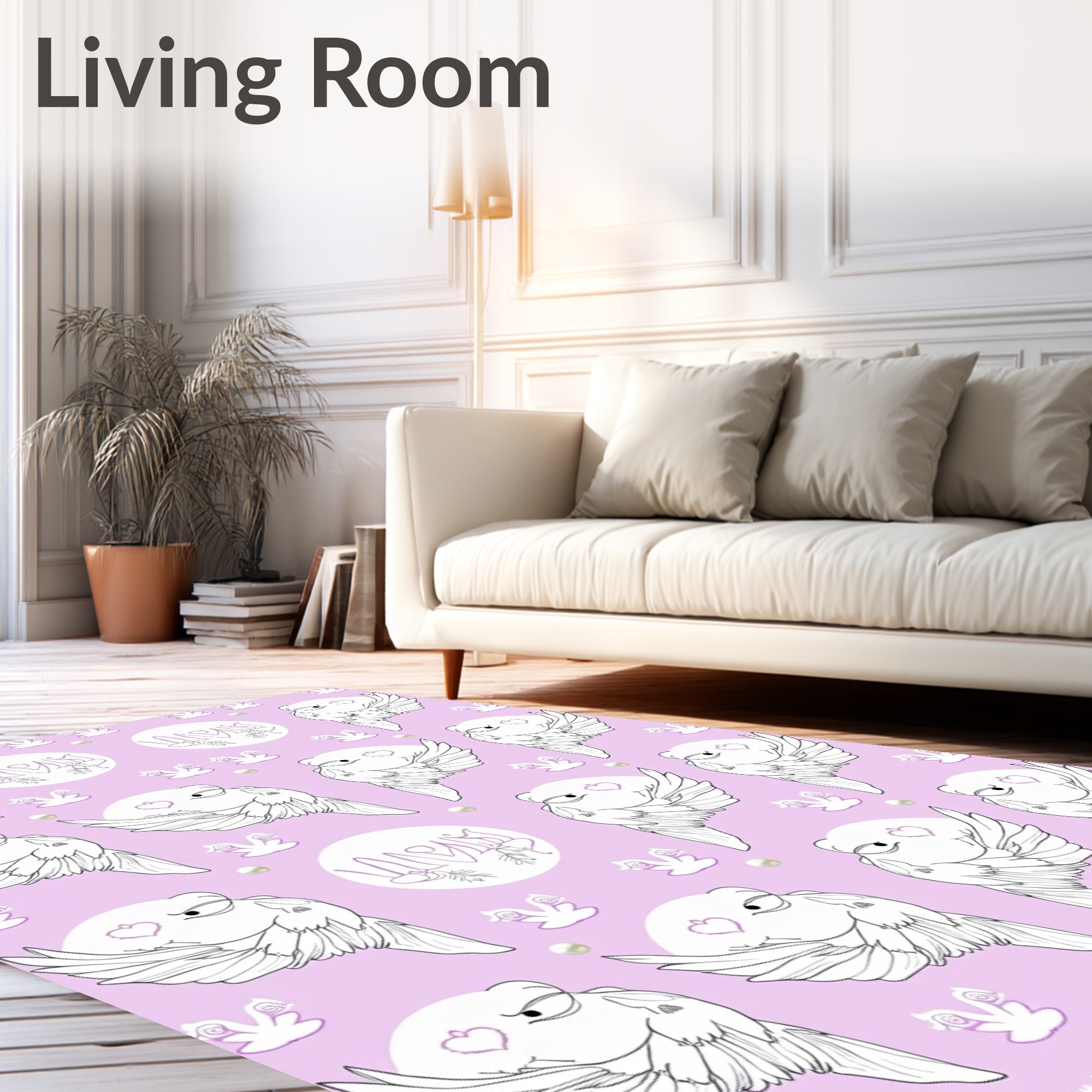 Whimsical White Angelic Feathered Creatures Rug