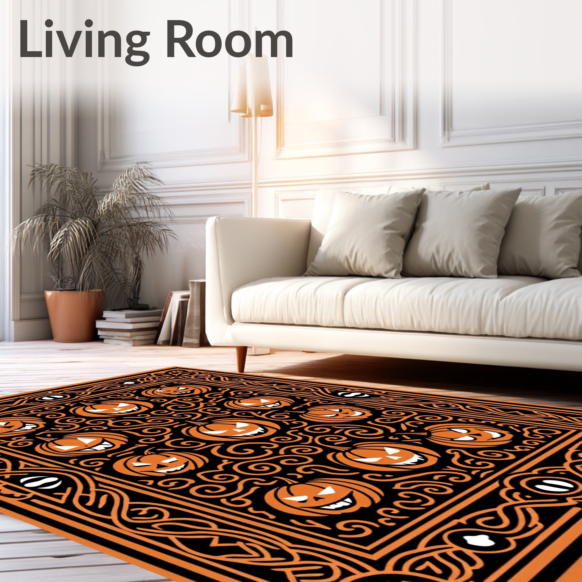 Orange Pumpkin Spooky Swirls Border Rug