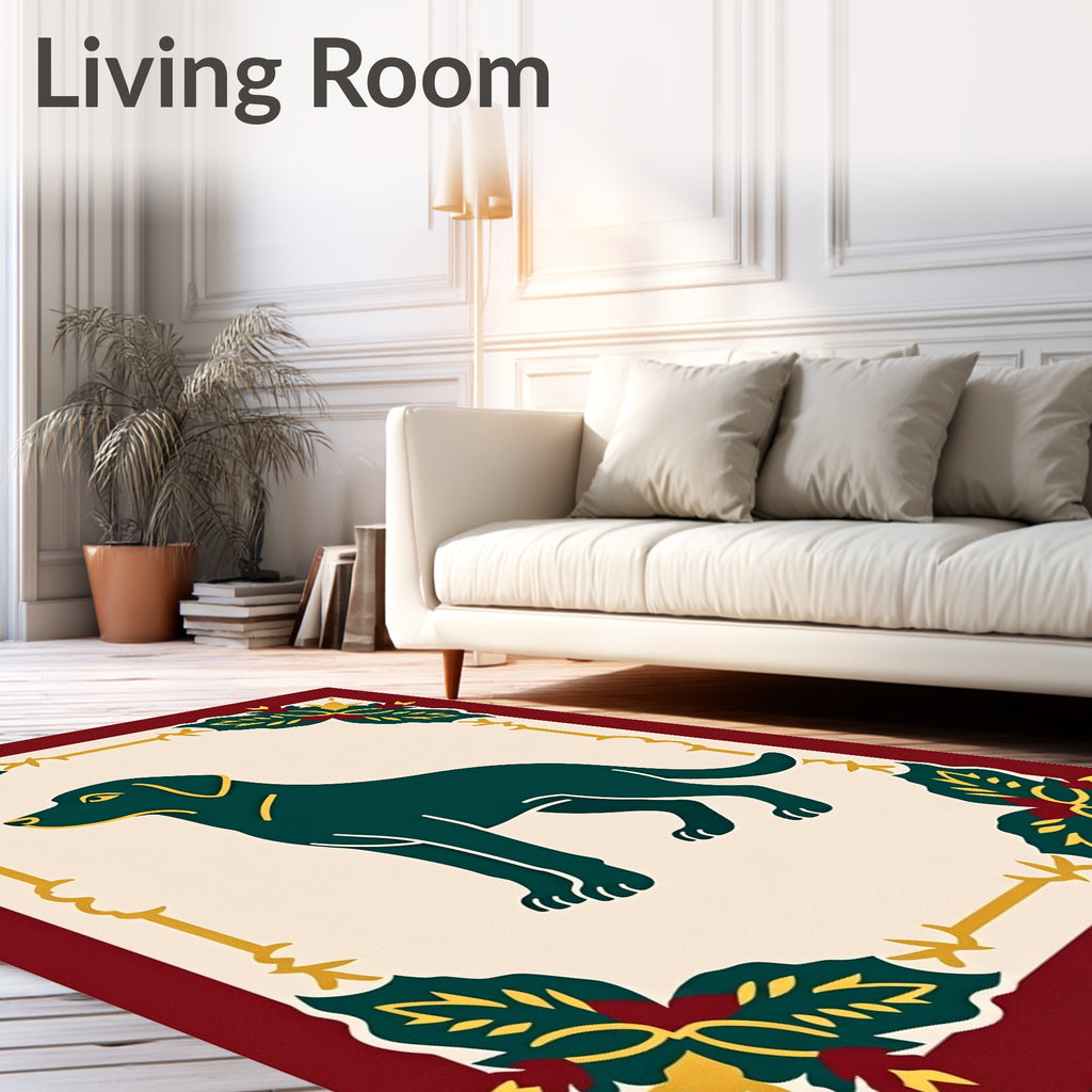 Deep Teal Dog Floral Border Rug