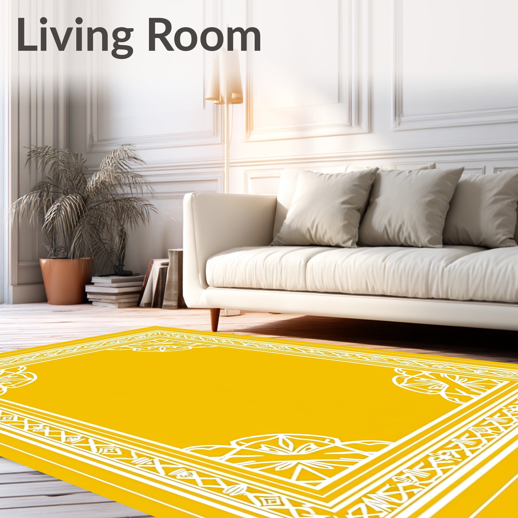 Golden Yellow White Ornate Geometric Border Rug