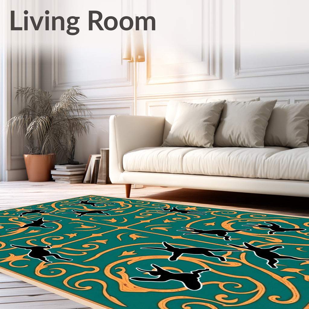 Teal and Gold Whimsical Bunny Scroll Rug