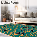 Teal and Gold Whimsical Bunny Scroll Rug