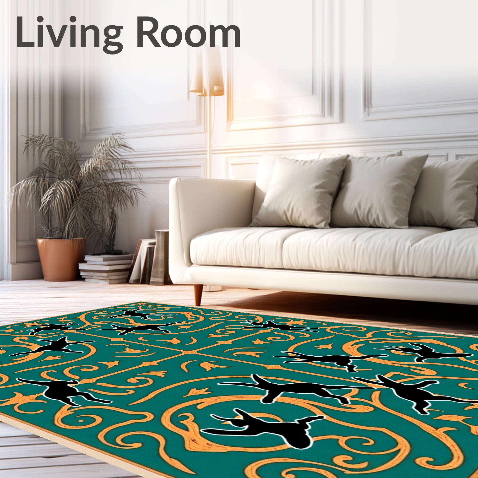 Teal and Gold Whimsical Bunny Scroll Rug