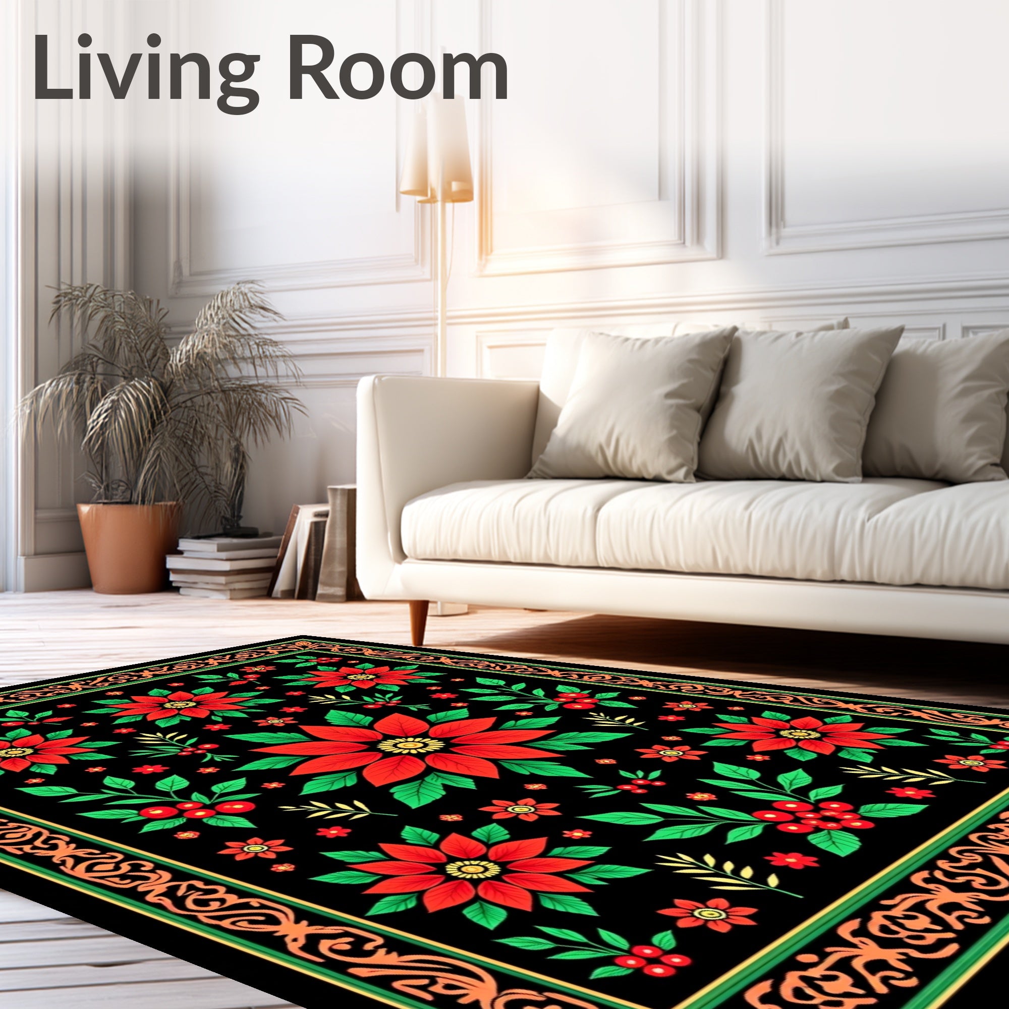 Festive Red Poinsettia Floral Border Rug