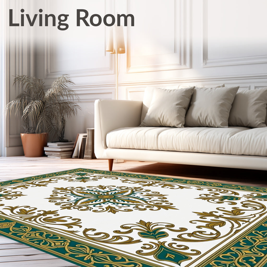 Elegant Teal Gold Medallion Border Rug