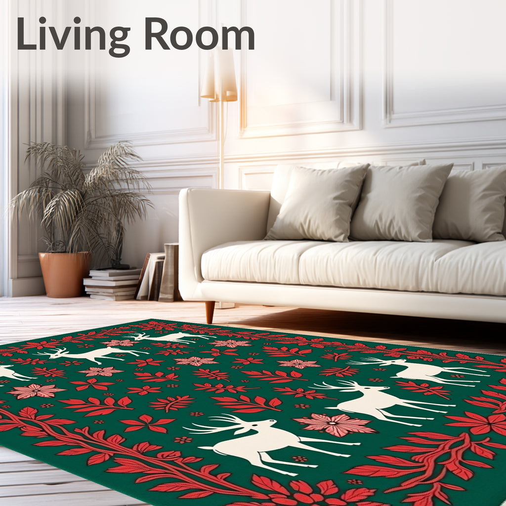 Festive White Deer Red Floral Border Rug