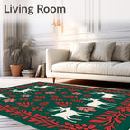 Festive White Deer Red Floral Border Rug
