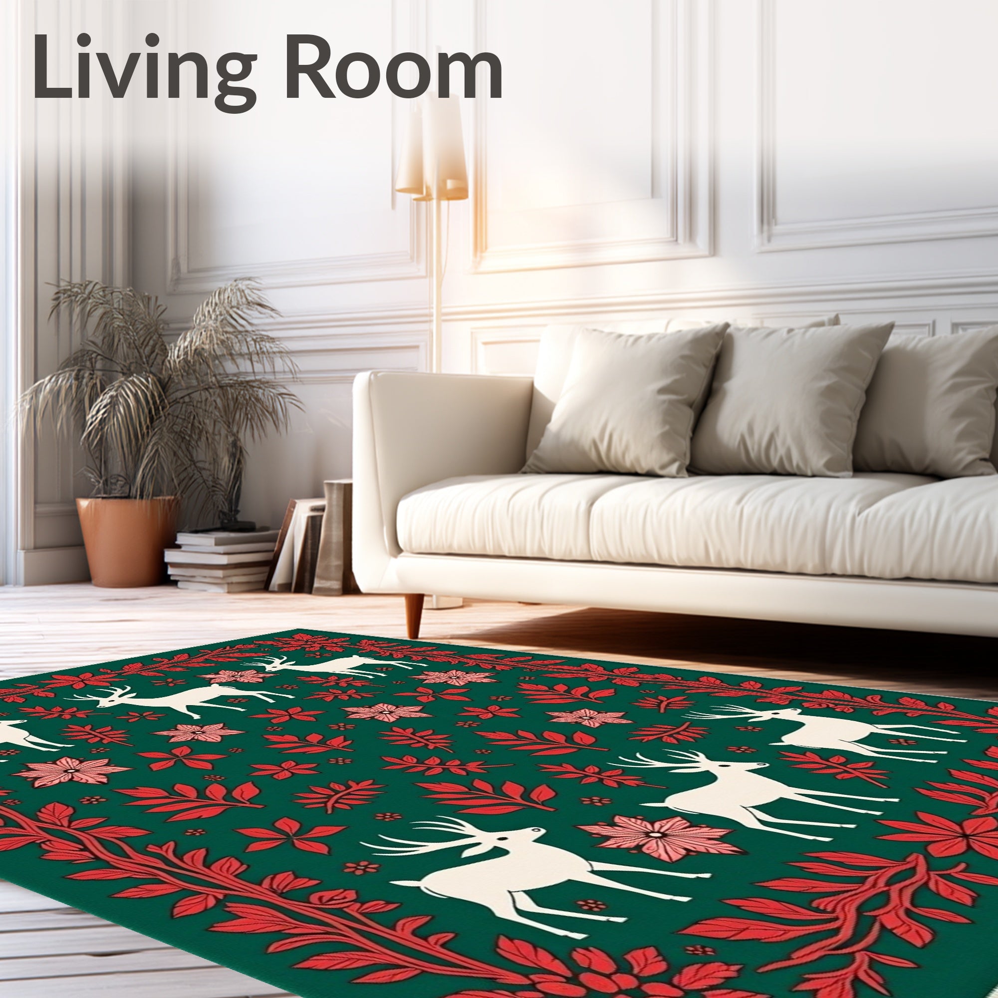 Festive White Deer Red Floral Border Rug