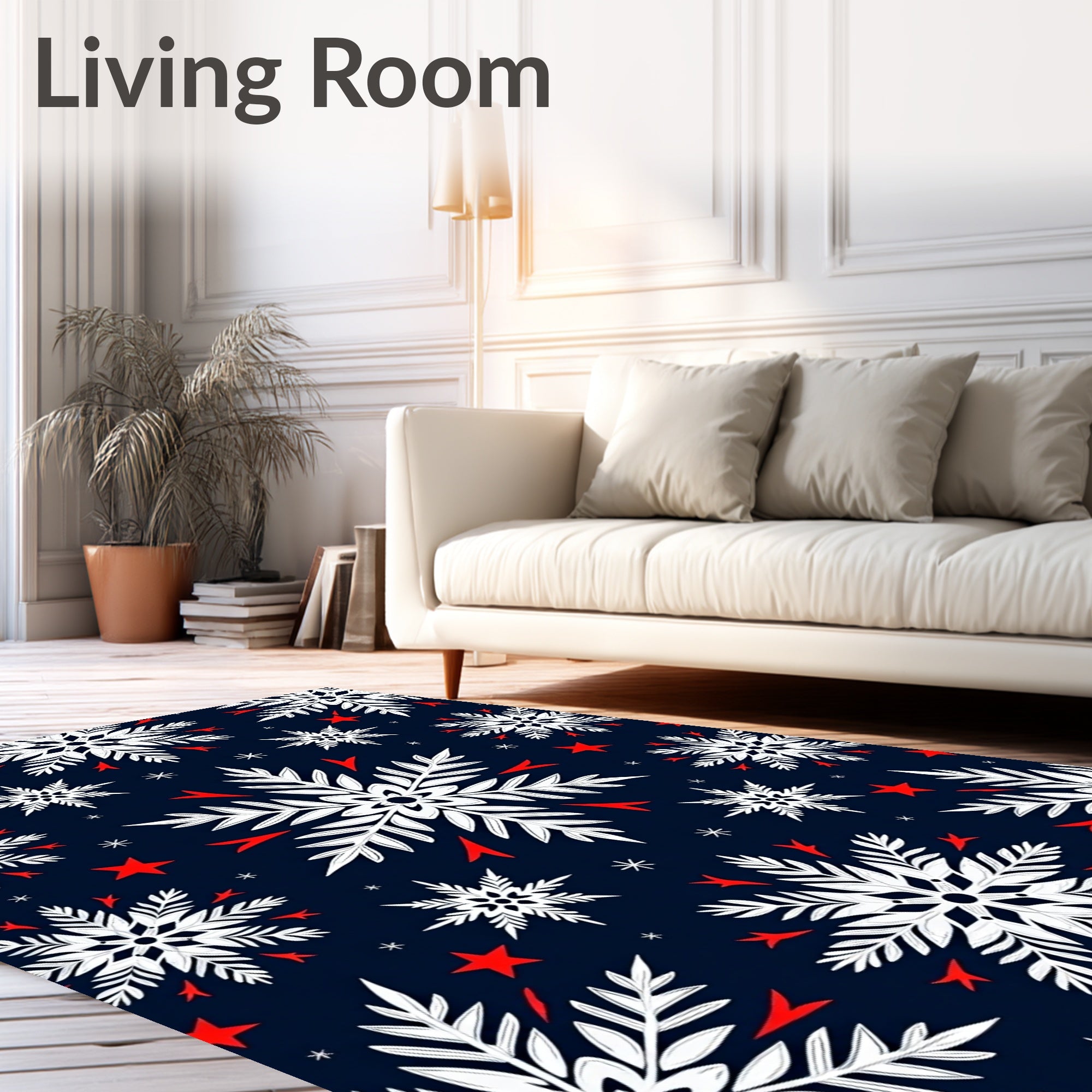 Dark Navy White Snowflakes Red Stars Rug