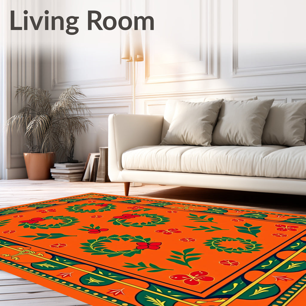 Vibrant Orange Red Floral Garland Rug