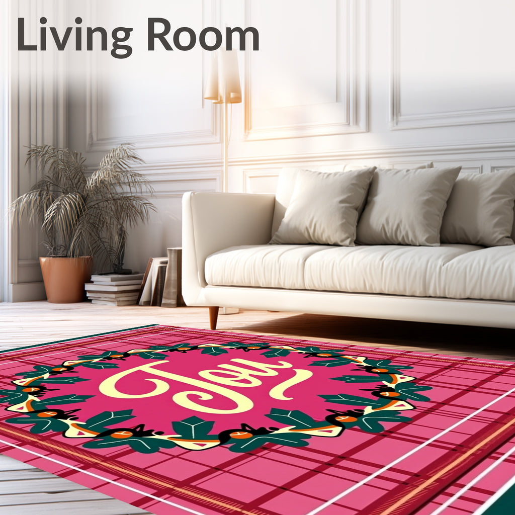 Crimson Plaid Holly Wreath Joy Rug