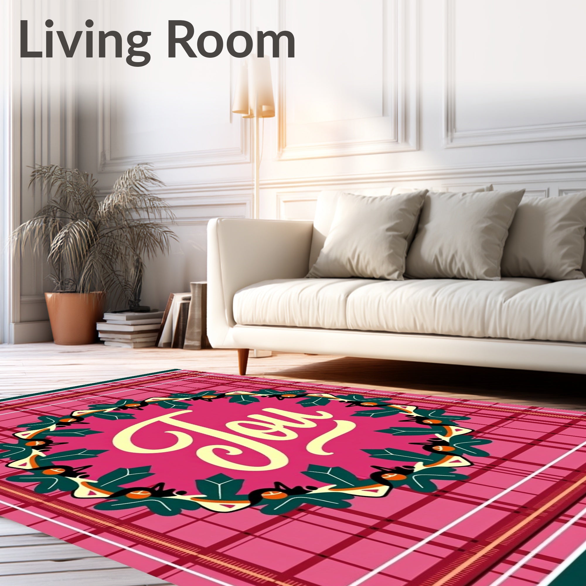 Crimson Plaid Holly Wreath Joy Rug
