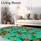 Orange Butterflies With Pink Yellow Flowers Rug