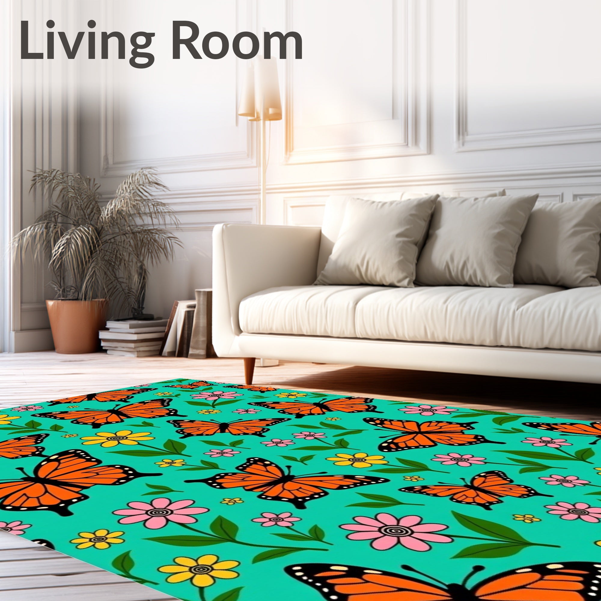 Orange Butterflies With Pink Yellow Flowers Rug