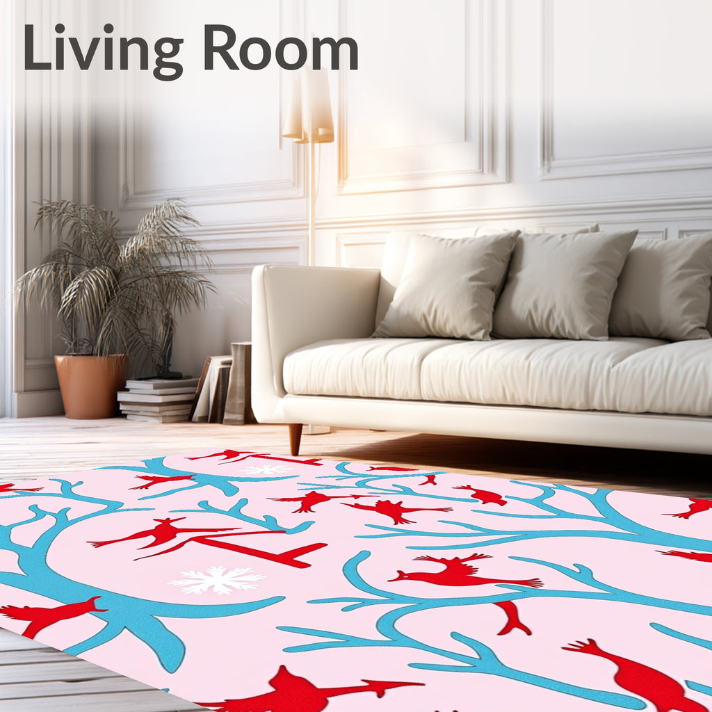 Red Birds Blue Trees Pink Background Rug