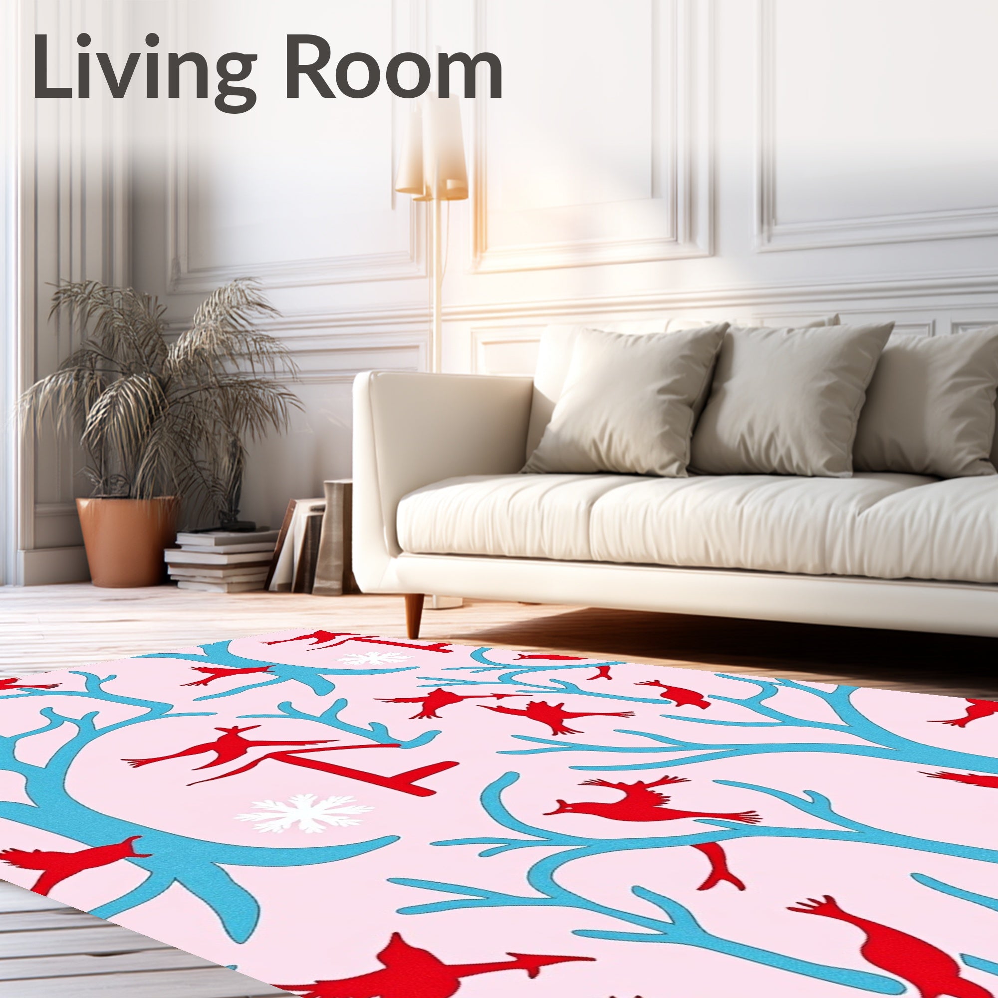 Red Birds Blue Trees Pink Background Rug
