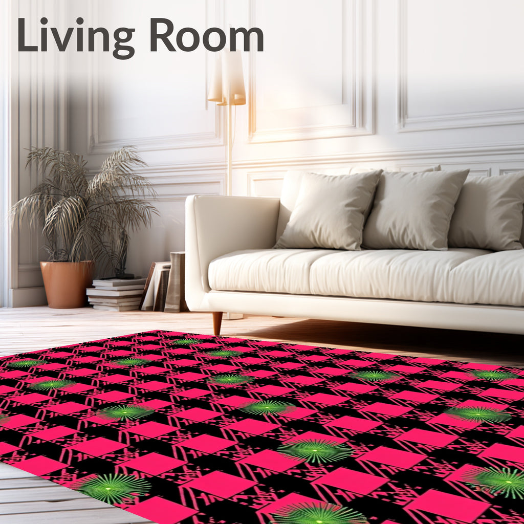 Hot Pink Black Plaid Sunburst Splatter Rug