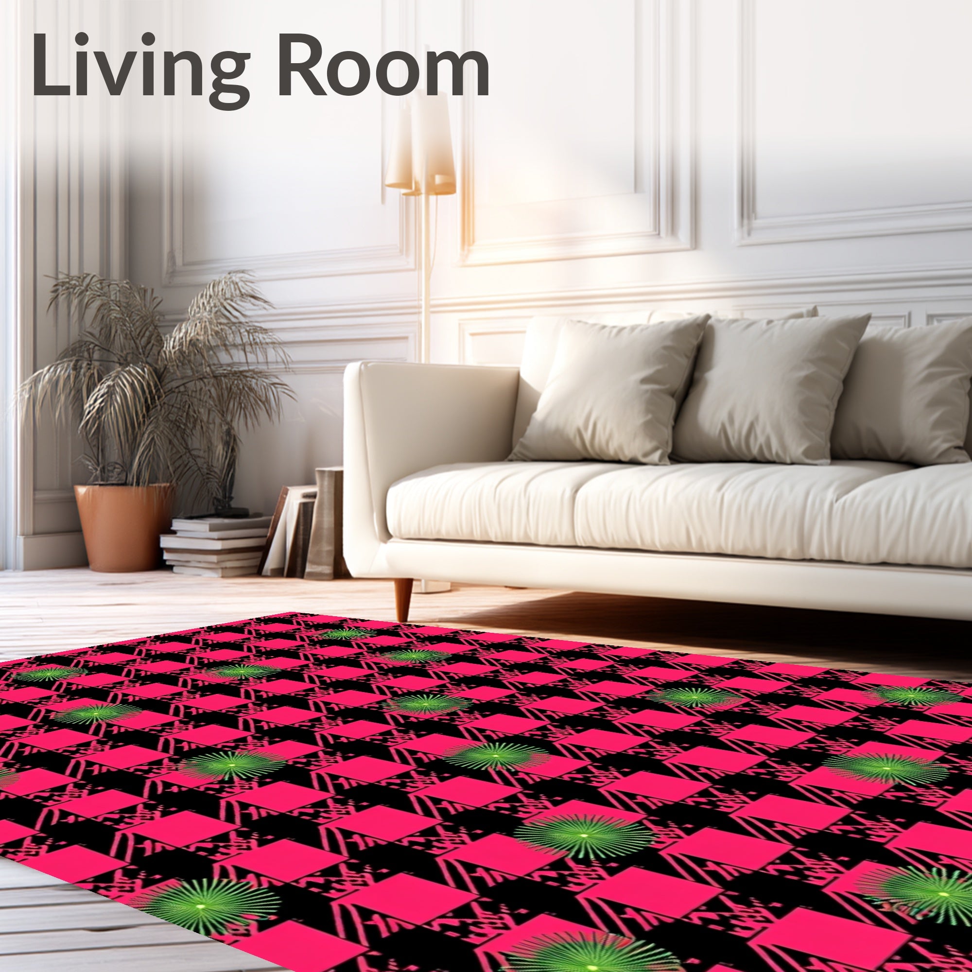 Hot Pink Black Plaid Sunburst Splatter Rug