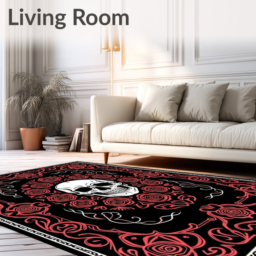 Black Crimson Skull Floral Frame Rug