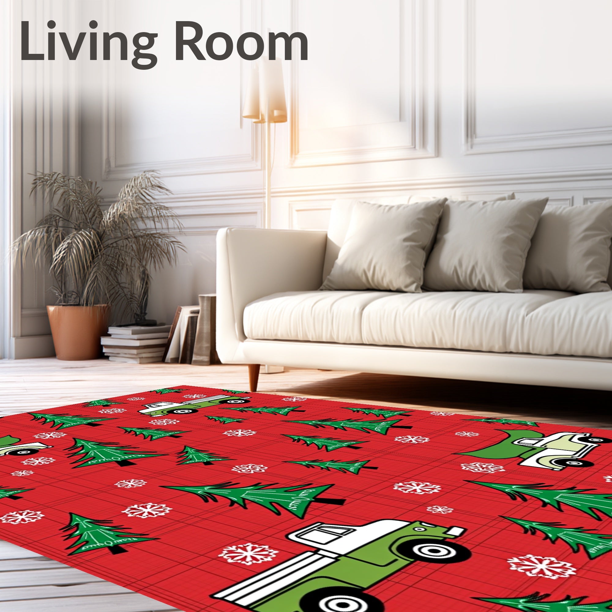 Red Plaid Christmas Trees Trucks Snowflakes Rug
