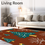 Teal Christmas Trees Yellow Stars Brown Background Rug