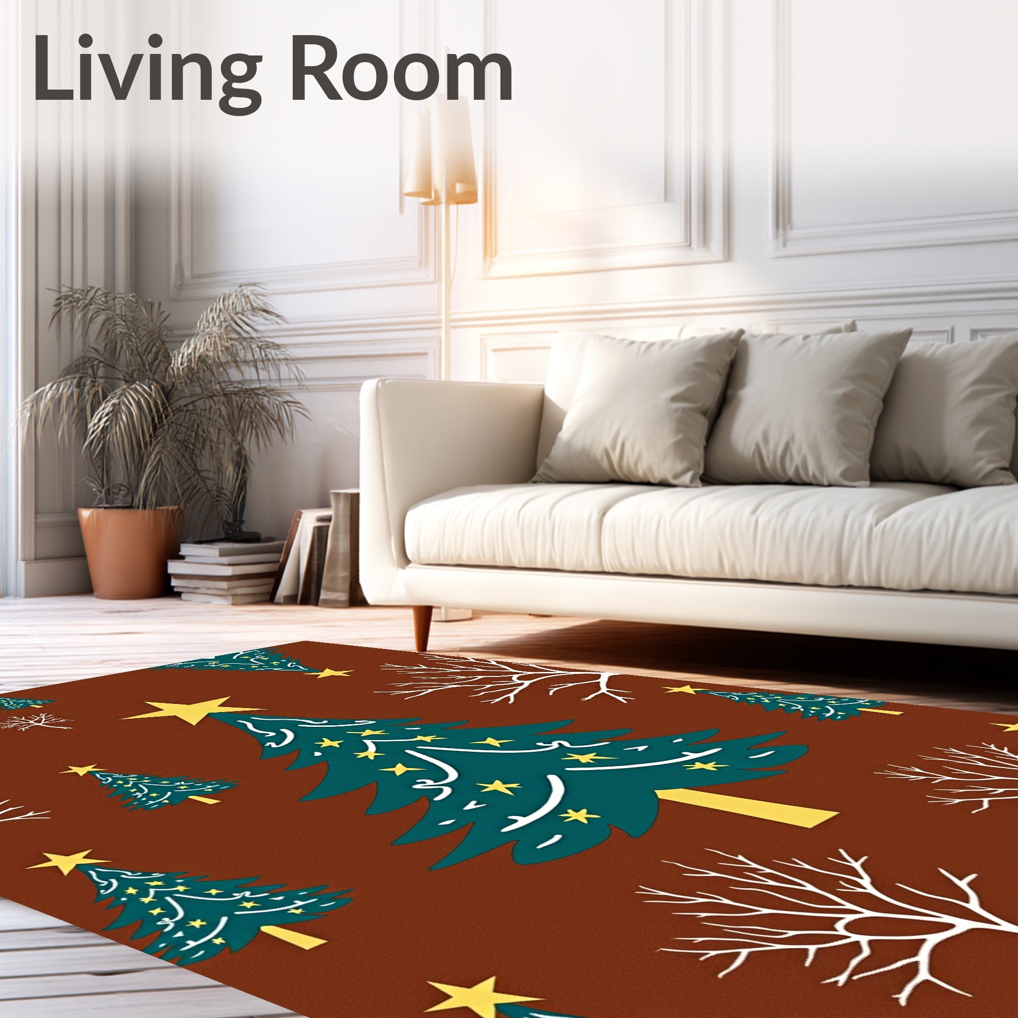 Teal Christmas Trees Yellow Stars Brown Background Rug