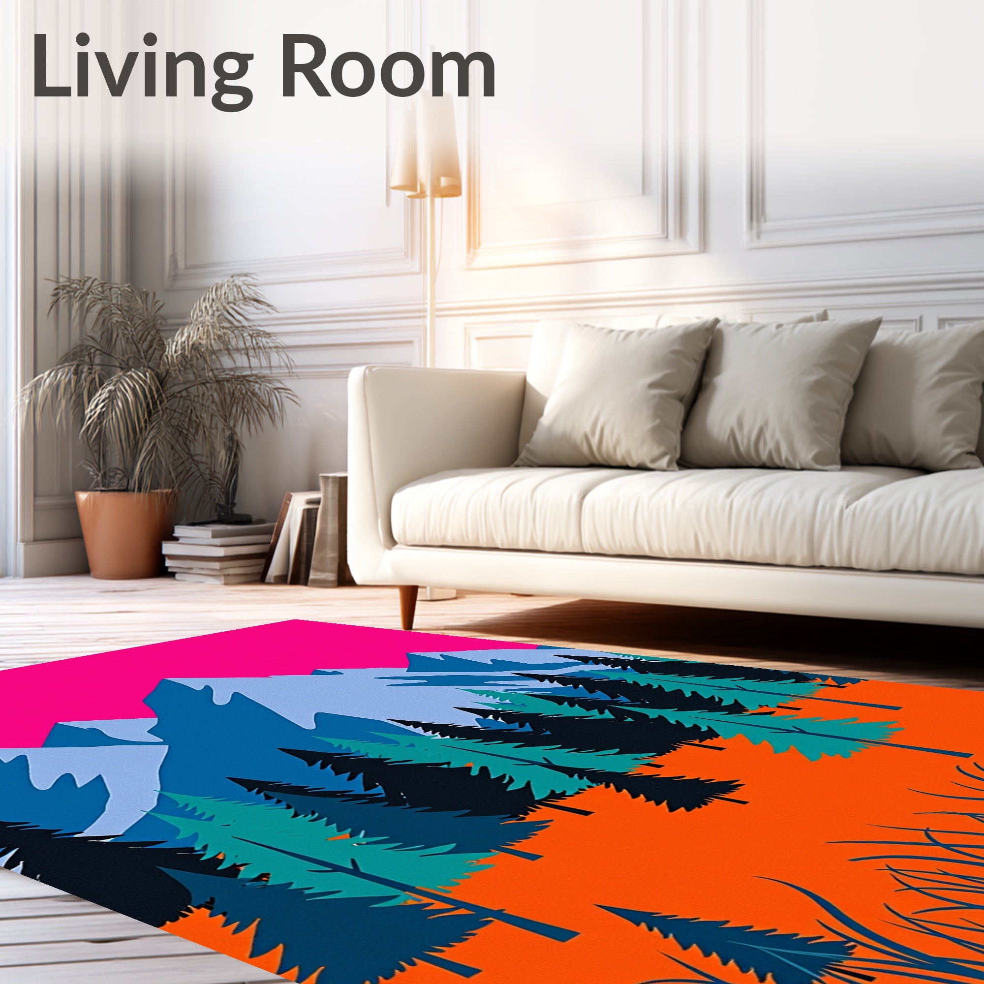 Bold Pink Mountain Forest Scene Rug