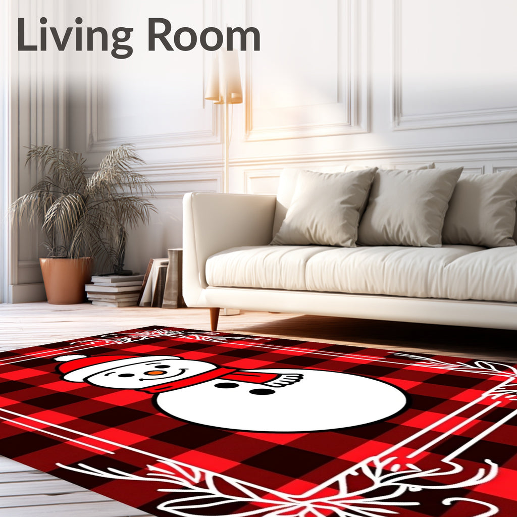 Red Black Buffalo Plaid Snowman Border Rug