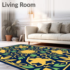 Navy Yellow Floral Medallion Garden Rug
