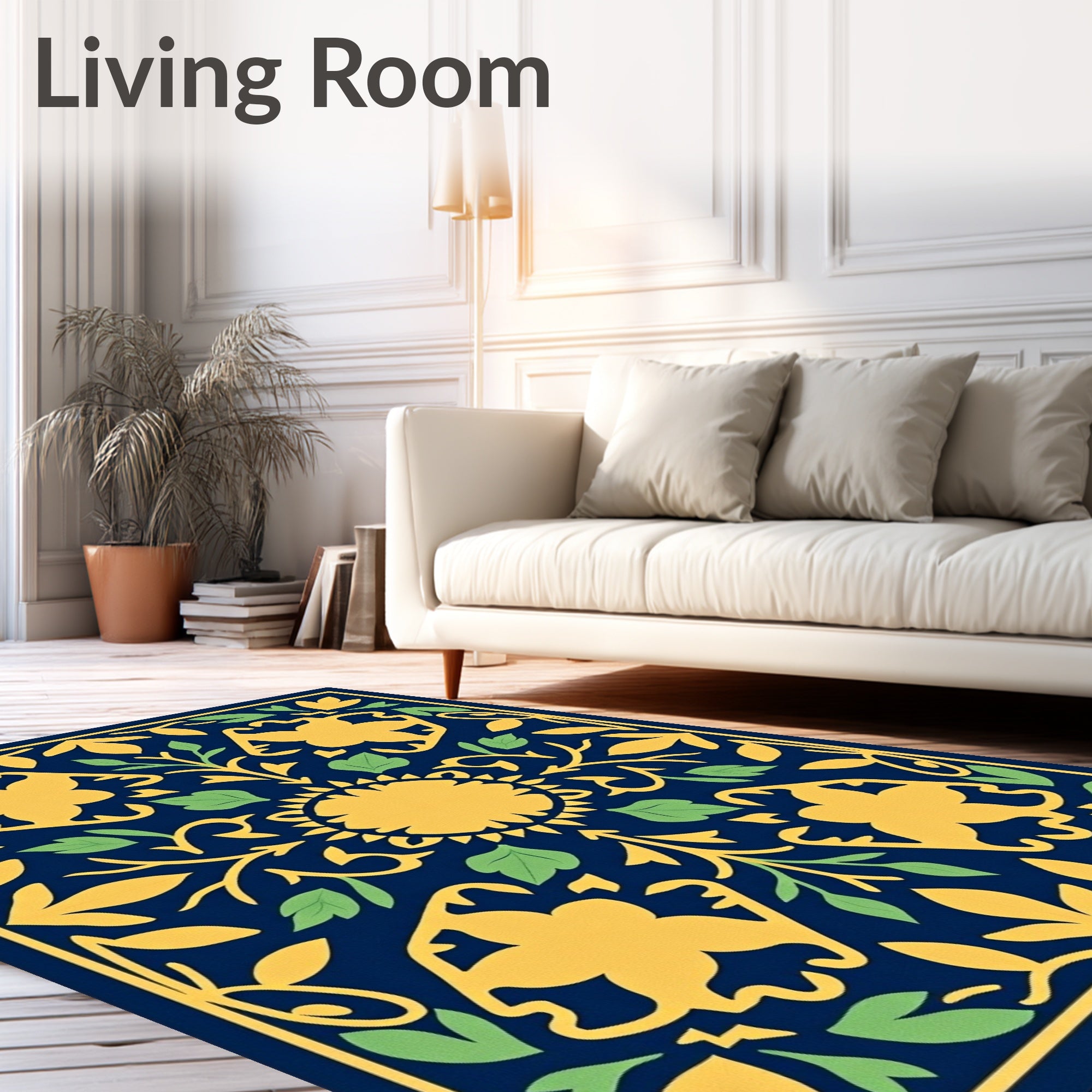 Navy Yellow Floral Medallion Garden Rug